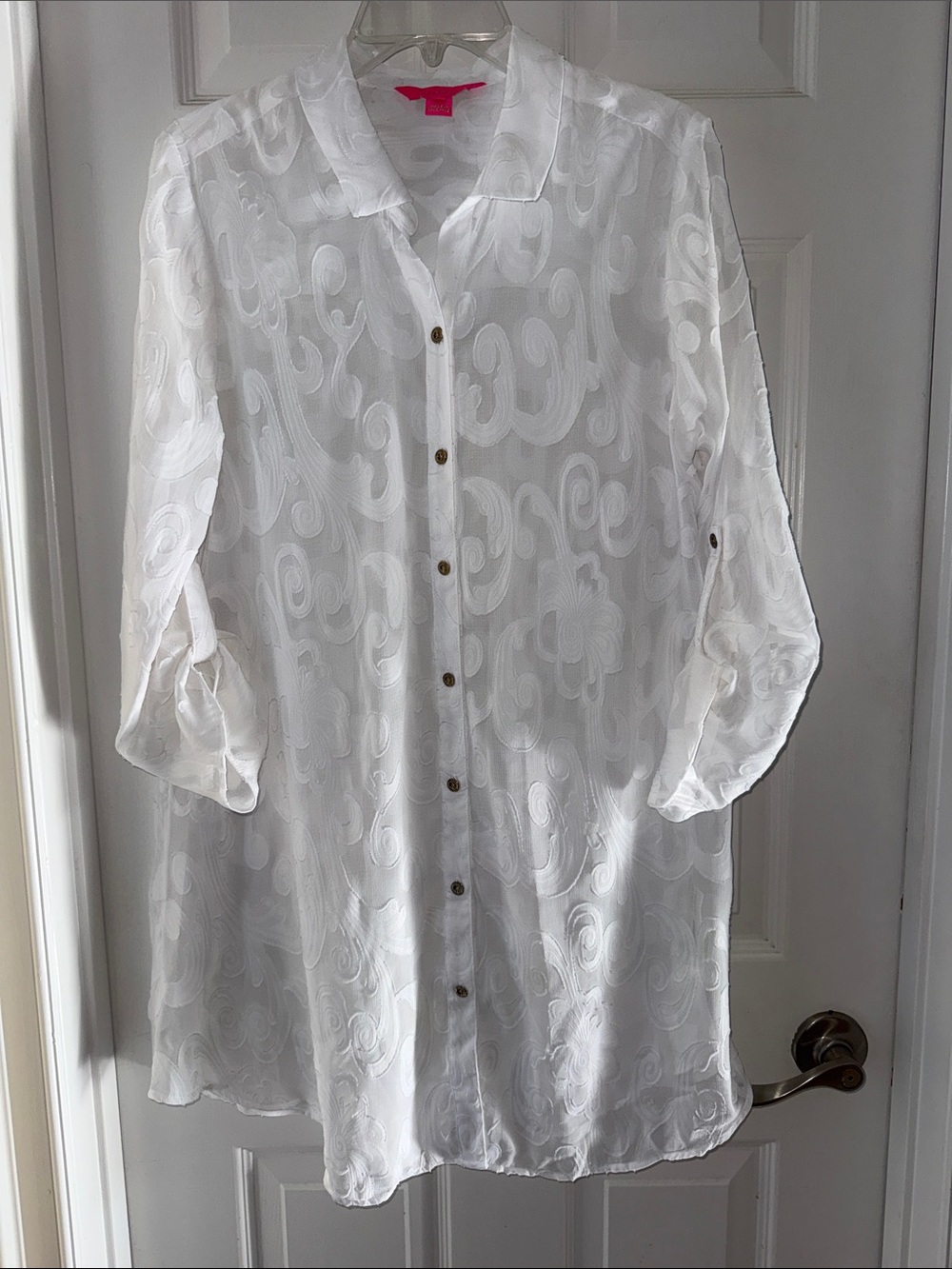 Lilly Pulitzer White Sheer Paisley Swim Cover Up Tunic Button Front. Size M. EUC